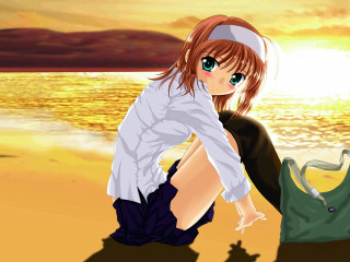 Girl beach sunset anime sitting - romanticism free wallpaper
