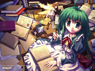 Green hair girl library floating - a lamp free wallpaper for desktop