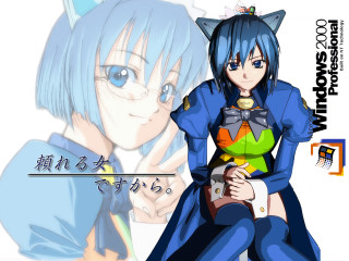 Blue haired catgirl sitting with - a chair free wallpaper