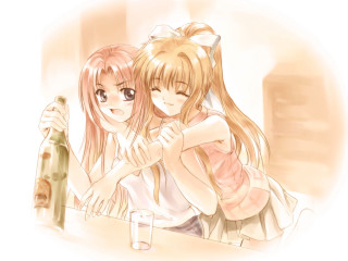 Two girls beer hug anime - a table free wallpaper for desktop