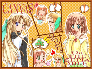 Anime characters yellow background brown - synthetism free wallpaper