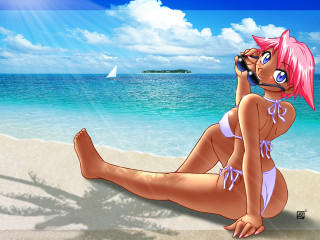 Cartoon girl beach sitting cellphone - a sailboat in the background free wallpaper