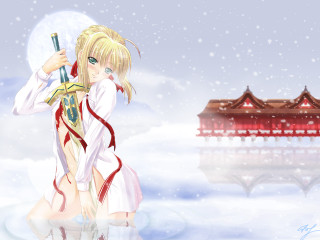 Anime girl snow sword pagoda - a pagoda in the background free wallpaper