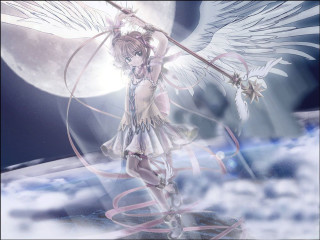 Angelic girl with wings on - a cloud free wallpaper