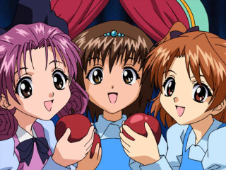 Three anime girls apple curtains - area free wallpaper