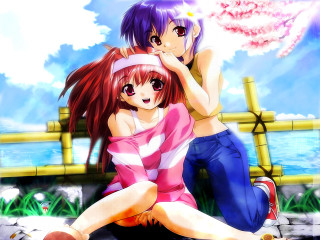 Anime girls bench pink umbrella - a bench free wallpaper for desktop