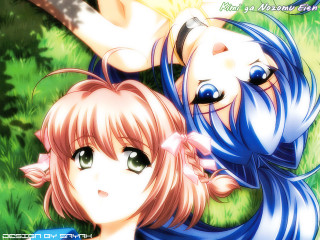 Anime girls grass wind blowing - their hair free wallpaper