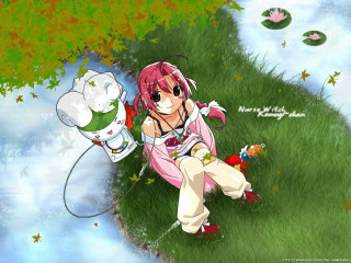 Anime girl cat grass outdoors - her lap and a cat free wallpaper