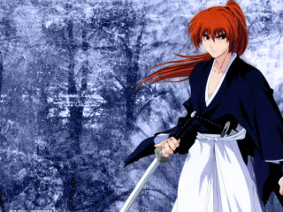 Red haired woman sword kimono - a blue background behind her free wallpaper