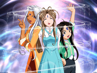 Three anime girls blue background 2 - lightening free wallpaper