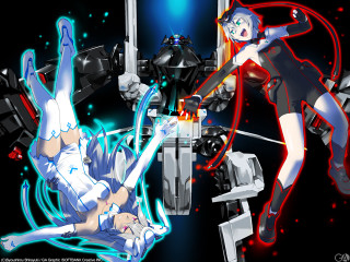 Anime characters fighting robot girl - their hand free wallpaper