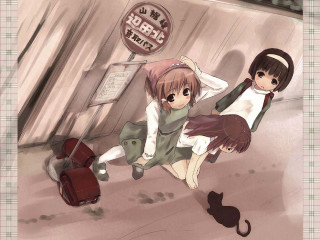 Anime girls street luggage cat - the ground behind them free wallpaper