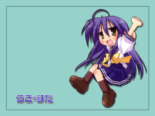 Purple haired girl blue dress - cheerful free wallpaper