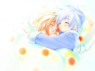 Anime couple flower bed sky - top of a bed together free wallpaper