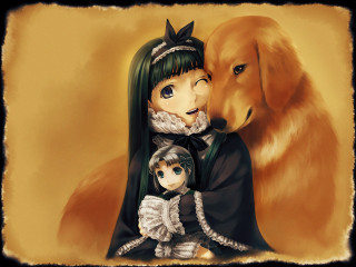 Gothic anime storybook children dogs - a woman and a child free wallpaper