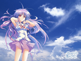 Purple hair beach sky ribbon - her arm behind her back free wallpaper