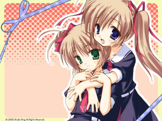 Anime girls hug ribbon bow - dot free wallpaper