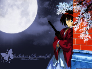 Woman moon cherryblossoms kimono shootingstar - shadow free wallpaper
