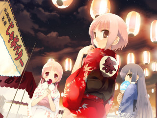 Anime festival girls kimono lanterns - lantern free wallpaper