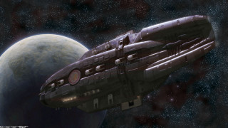 Spaceship flying moon star filled - redshift free wallpaper for desktop