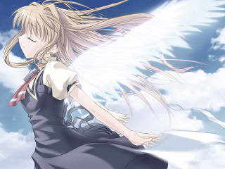 Angelic girl flying clouds blue - an angel free wallpaper