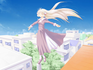 Woman flying city dress blonde - over a city free wallpaper