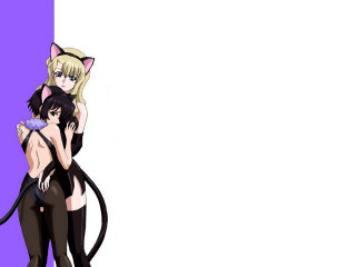 Anime characters hugging purple white - a purple background behind them free wallpaper