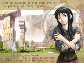 Girl black hair black wings - a stone wall free wallpaper for desktop