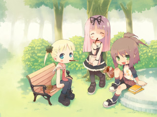 Three anime girls park bench 2 - free forest wallpaper