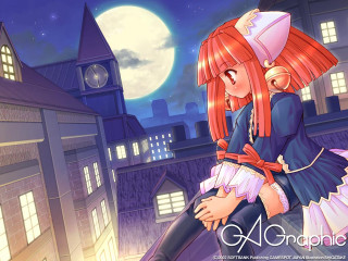 Anime girls hug fullmoon cityscape - a clock tower free wallpaper for desktop