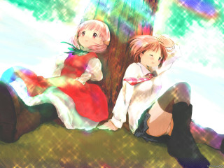 Pink hair sisters hanging on - two anime girls sitting next free wallpaper