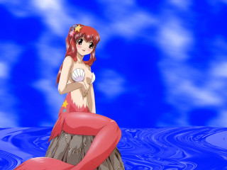 Red dress mermaid shell sitting - a shell free wallpaper