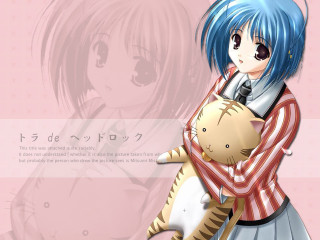 Bluehair girl cat pinkbackground anime - her shoulder free wallpaper