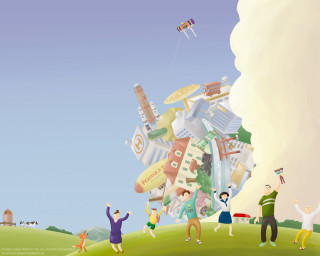 Kites flying people field buildings - chiho aoshima free wallpaper
