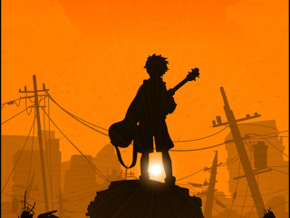 Silhouette guitarist city sunset powerlines - toyism free wallpaper for desktop