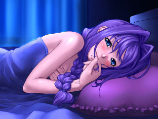 Cartoon girl bed blush purple - a blue curtain behind her free wallpaper