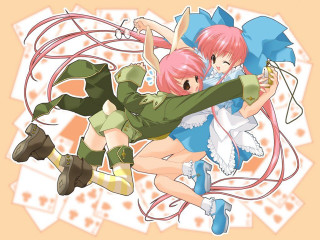 Anime hugging girls pinkhair rabbitears - girl free wallpaper