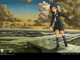 Girl ledge cloudy sky ocean - a ledge in front free wallpaper