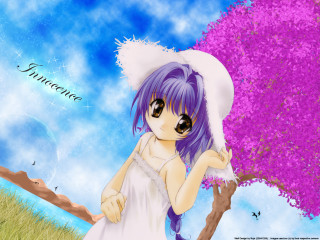 Purple haired girl white dress - a purple sky free wallpaper