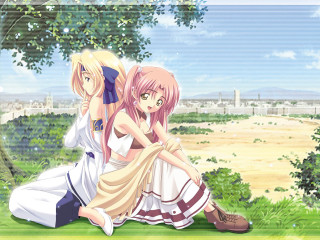 Anime girls sitting tree field - the ground in front free wallpaper