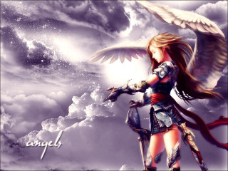 Angel wings girl sword clouds - dark fantasy art free wallpaper for desktop