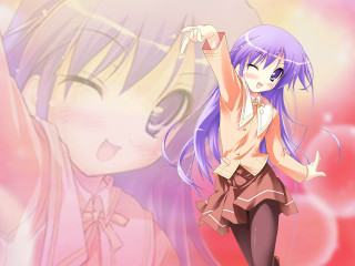 Purple hair girl pink background - bubble free wallpaper