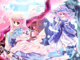 Pink blue anime girls kimono - theme free wallpaper