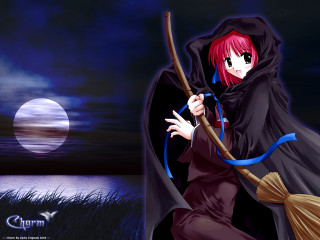 Black cloak woman broom moon - a full moon in the background free wallpaper for desktop