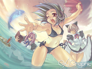 Woman bikini boat anime animals - the water behind her free wallpaper