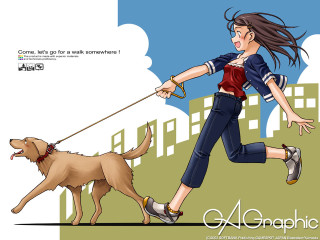 Woman running dog cityscape aya 2 - a cityscape background free wallpaper