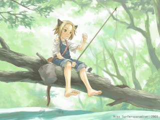 Girl cat fishing tree portrait - a tree branch free wallpaper for desktop