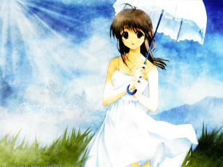 Girl white dress umbrella grass - a blue sky behind her free wallpaper