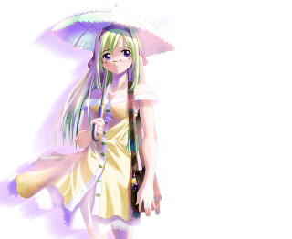 Girl umbrella dress green hair - her hand and a hat free wallpaper