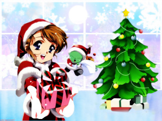 Santa girl present christmas tree - present free wallpaper